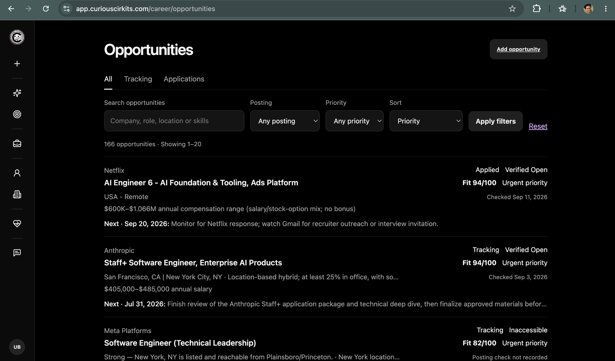 CuriousCirkits Opportunities screen showing tracked jobs, filters, and application status